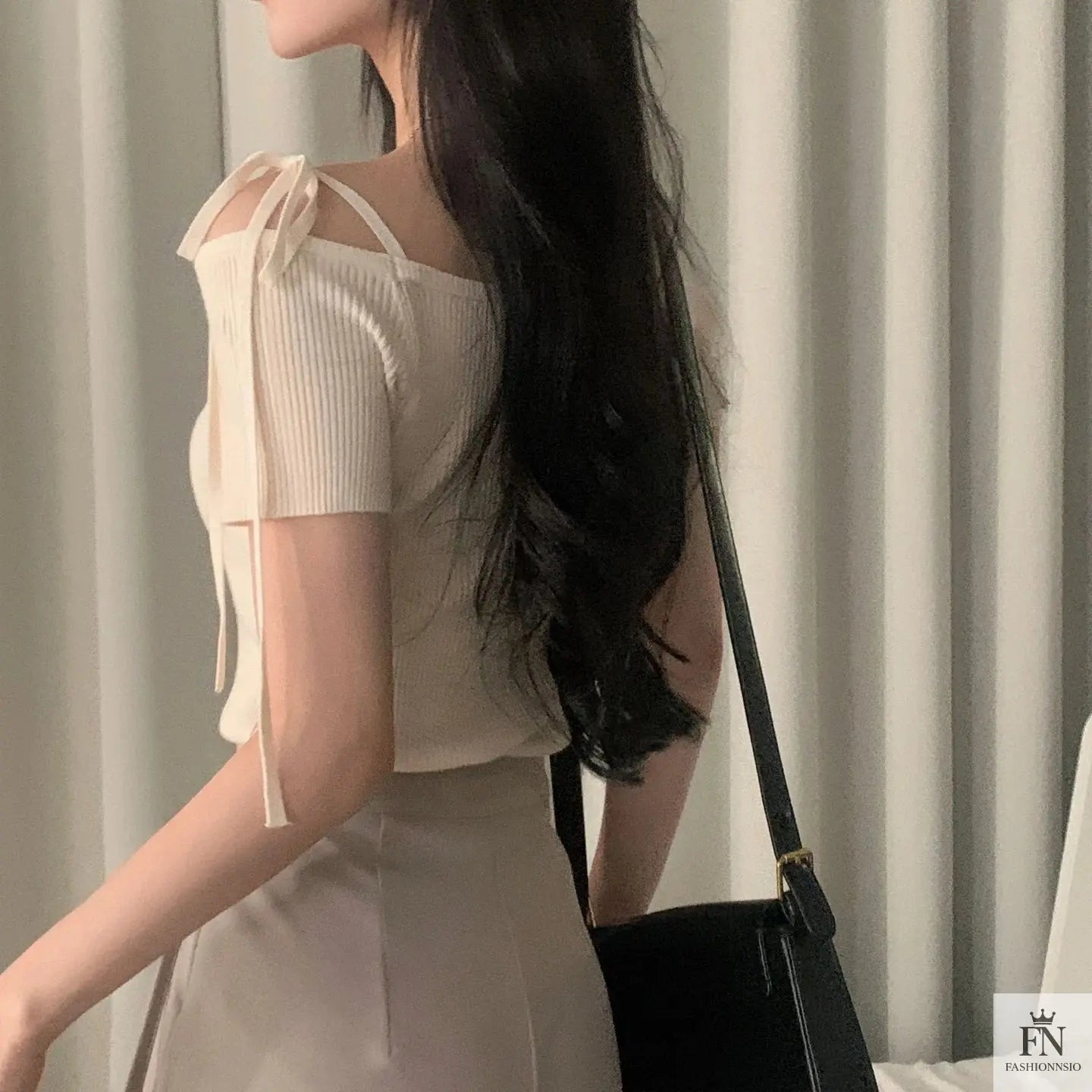 Bow Strap Ribbed One Shoulder Top - Fashionnsio