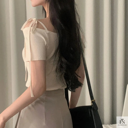 Bow Strap Ribbed One Shoulder Top - Fashionnsio
