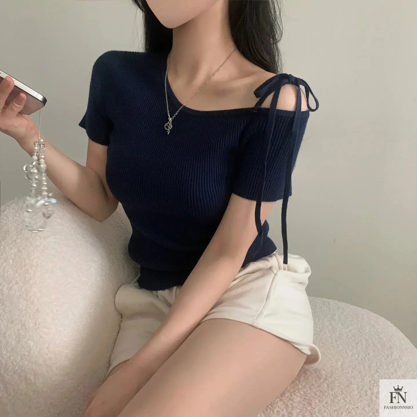 Bow Strap Ribbed One Shoulder Top - Fashionnsio