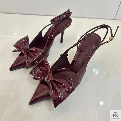 Cherry Red Bowknot Pointed Heels - Fashionnsio
