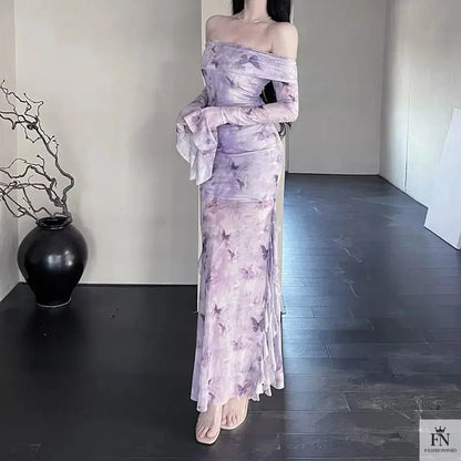 Butterfly Print Off Shoulder Ruffle Dress - Fashionnsio