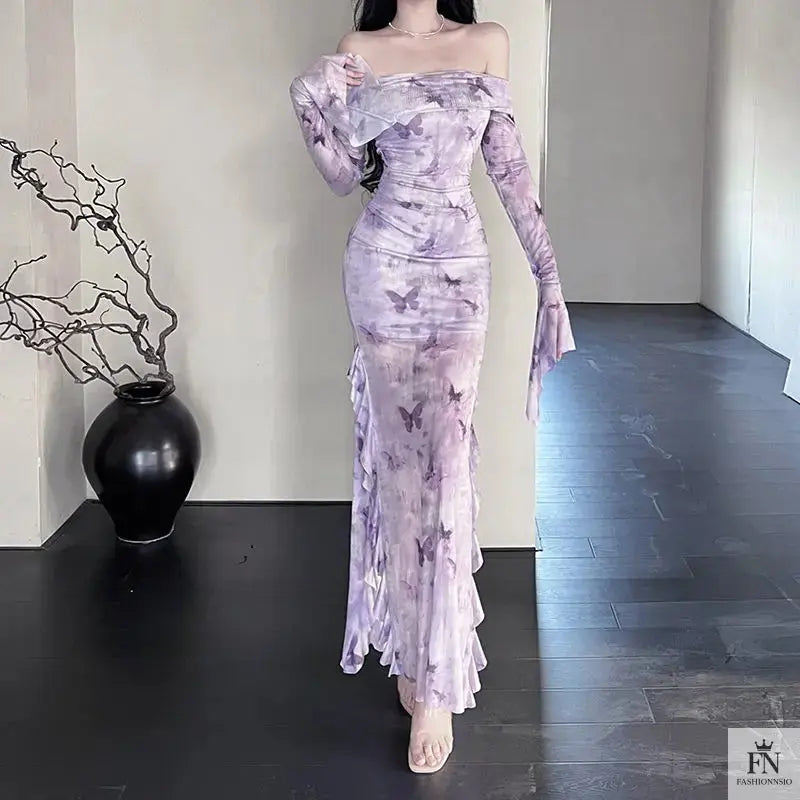 Butterfly Print Off Shoulder Ruffle Dress - Fashionnsio