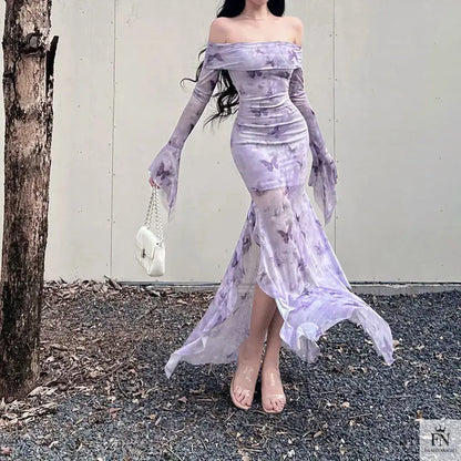 Butterfly Print Off Shoulder Ruffle Dress - Fashionnsio