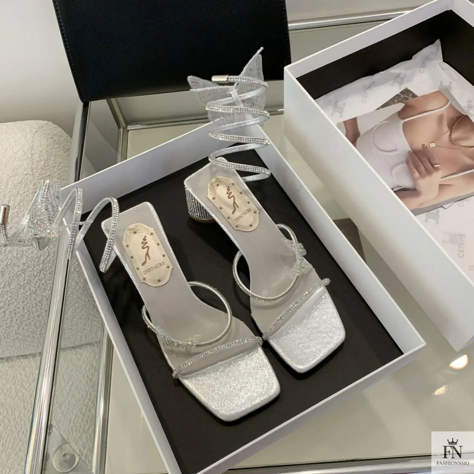 Butterfly Rhinestone Block Spiral Heels - Fashionnsio