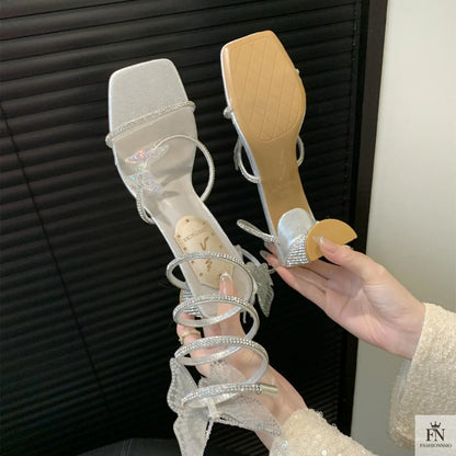 Butterfly Rhinestone Block Spiral Heels - Fashionnsio