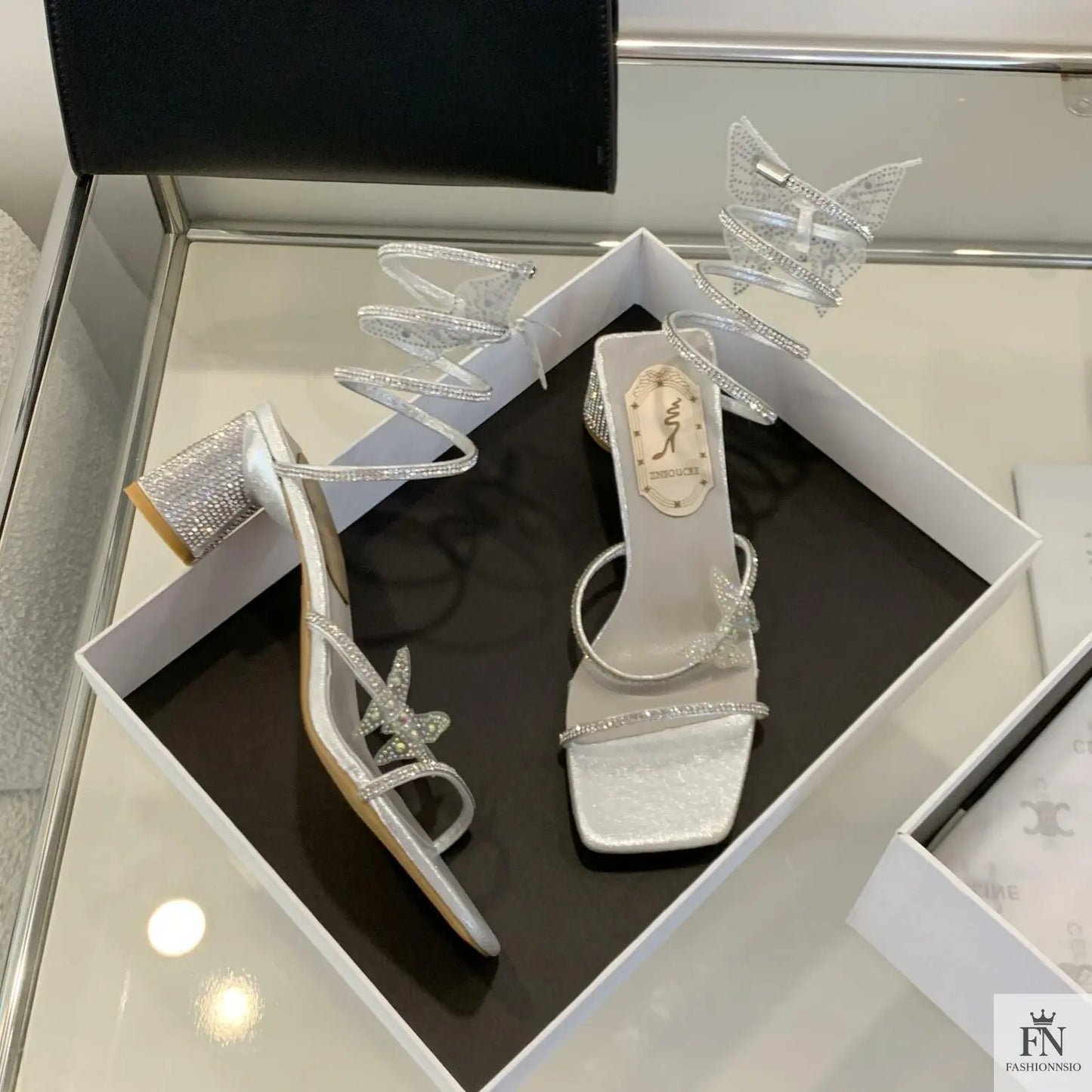 Butterfly Rhinestone Block Spiral Heels - Fashionnsio