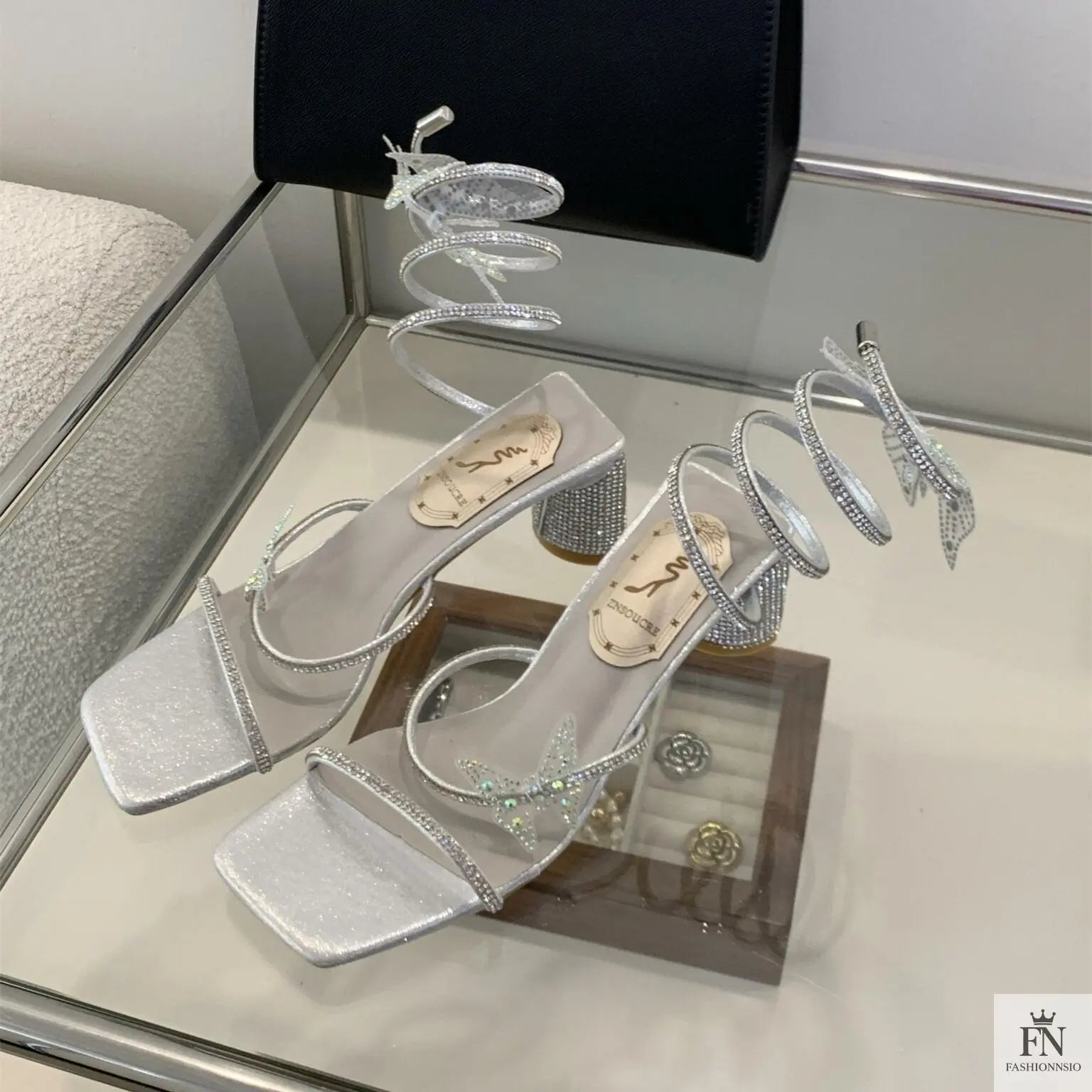 Butterfly Rhinestone Block Spiral Heels - Fashionnsio