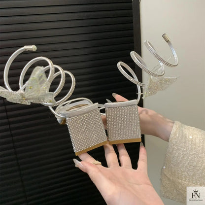 Butterfly Rhinestone Block Spiral Heels - Fashionnsio