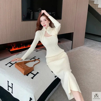 Button Cutout Ribbed Sweater Dress - Fashionnsio