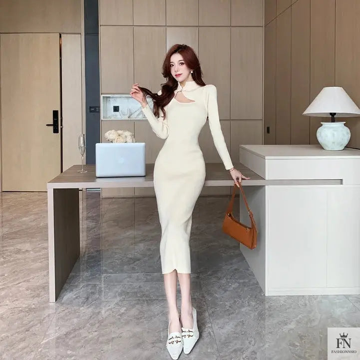 Button Cutout Ribbed Sweater Dress - Fashionnsio