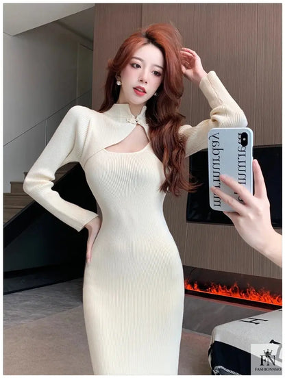 Button Cutout Ribbed Sweater Dress - Fashionnsio