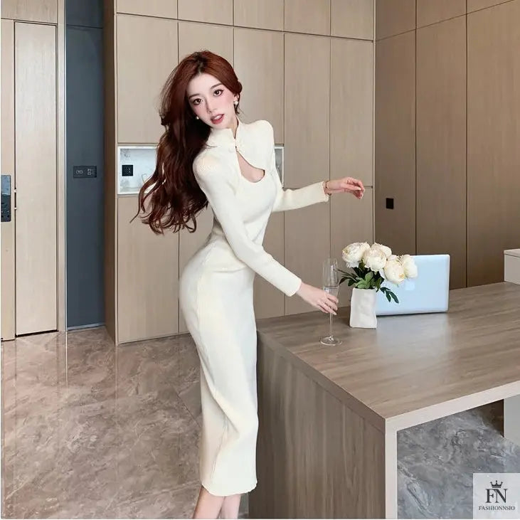 Button Cutout Ribbed Sweater Dress - Fashionnsio