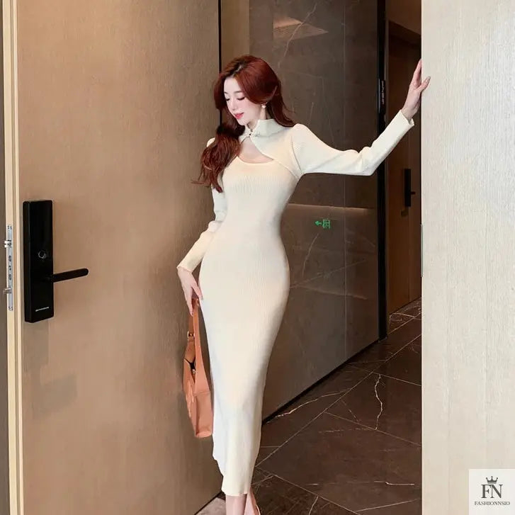 Button Cutout Ribbed Sweater Dress - Fashionnsio