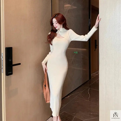 Button Cutout Ribbed Sweater Dress - Fashionnsio