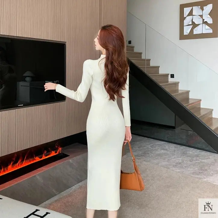 Button Cutout Ribbed Sweater Dress - Fashionnsio