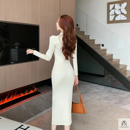 Button Cutout Ribbed Sweater Dress - Fashionnsio