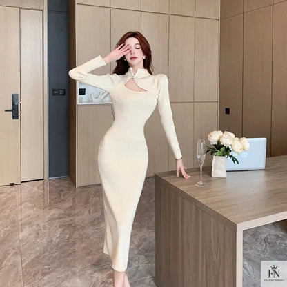 Button Cutout Ribbed Sweater Dress - Fashionnsio