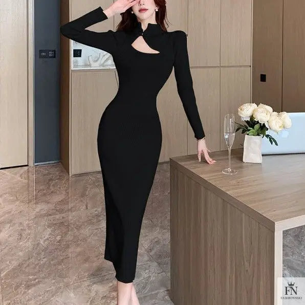 Button Cutout Ribbed Sweater Dress - Fashionnsio