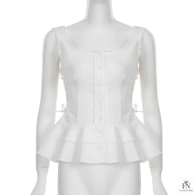 Button Side Drawstring Ruffle Top - Fashionnsio