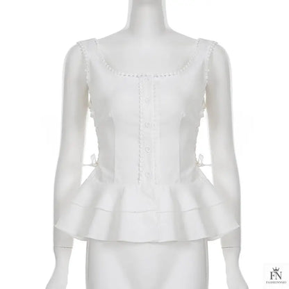 Button Side Drawstring Ruffle Top - Fashionnsio