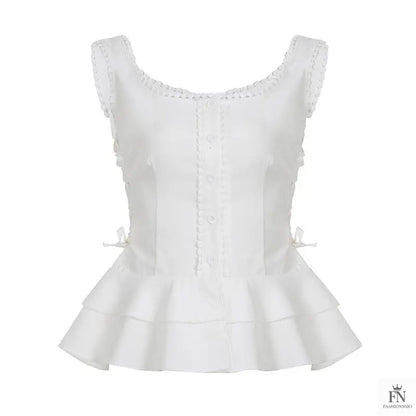 Button Side Drawstring Ruffle Top - Fashionnsio