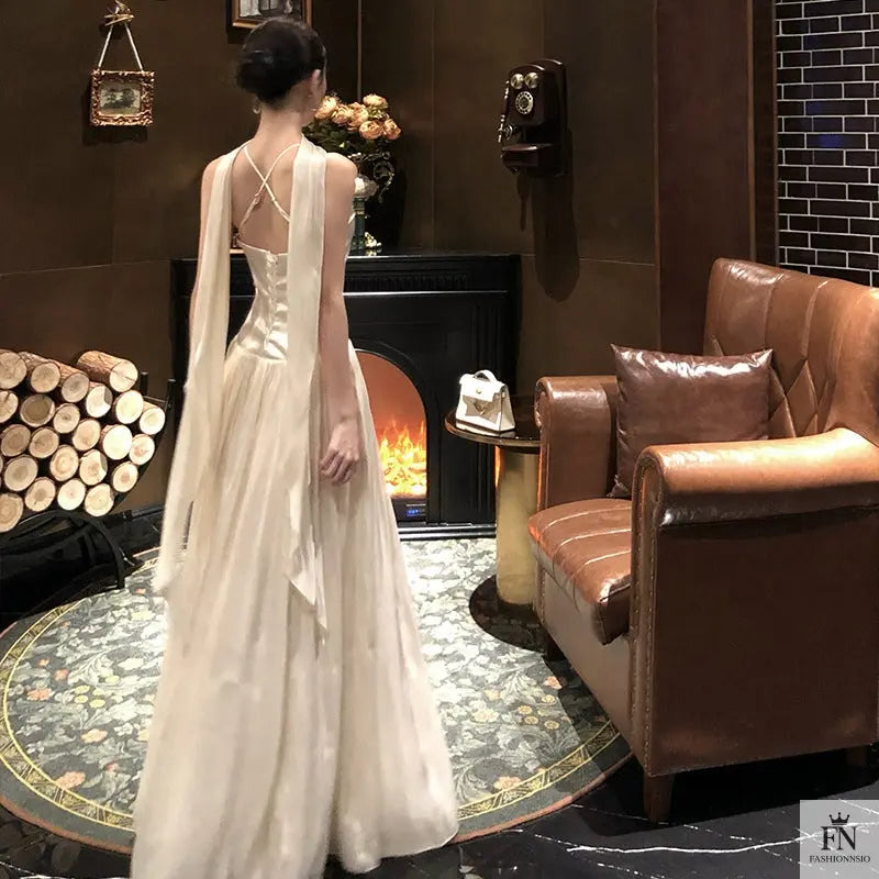 Pleated Long Dress With Scarf - Fashionnsio