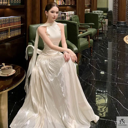 Pleated Long Dress With Scarf - Fashionnsio