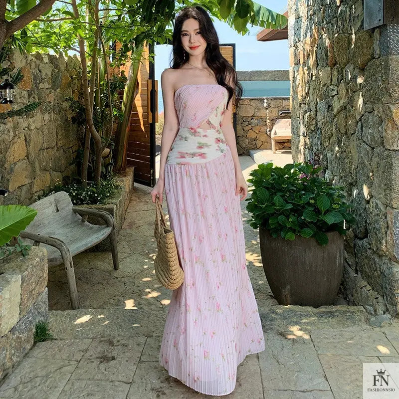 Figure Flattering Pleated Long Dress - Fashionnsio