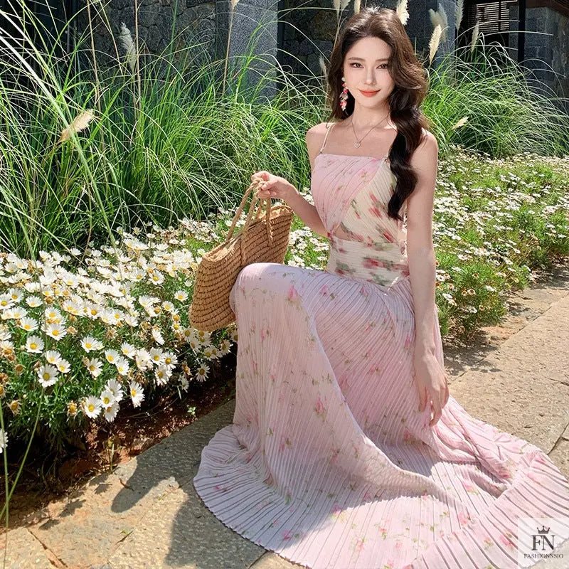 Figure Flattering Pleated Long Dress - Fashionnsio