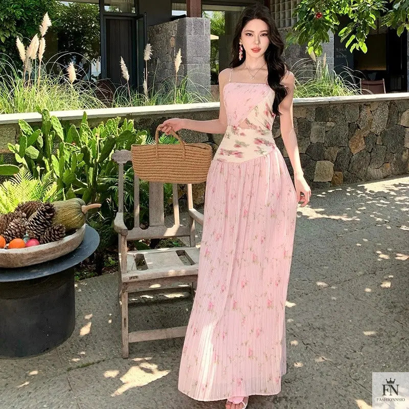 Figure Flattering Pleated Long Dress - Fashionnsio