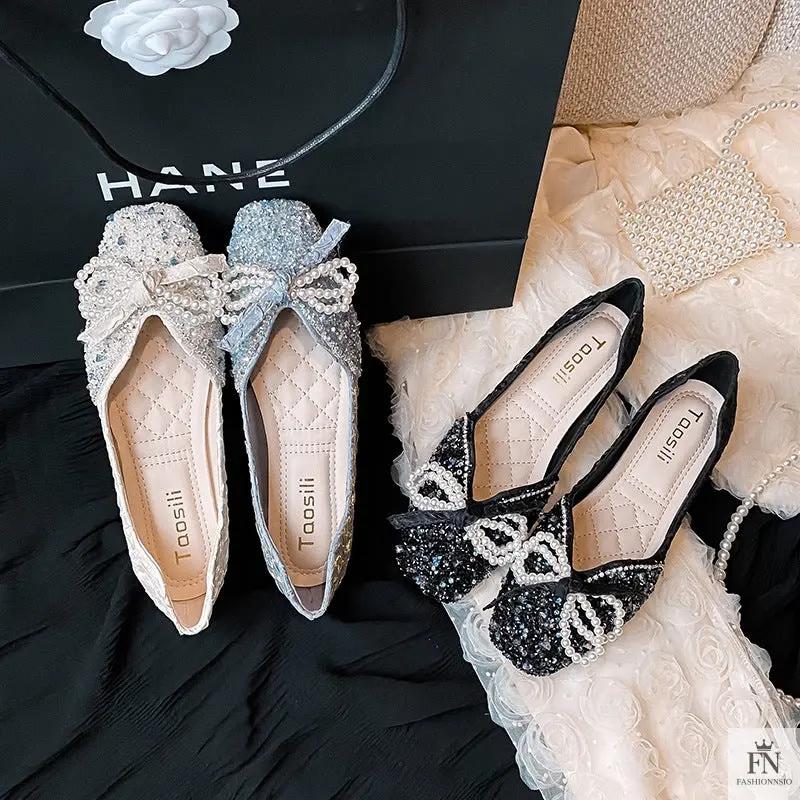 Cinderella Pearl Bow Flats - Fashionnsio