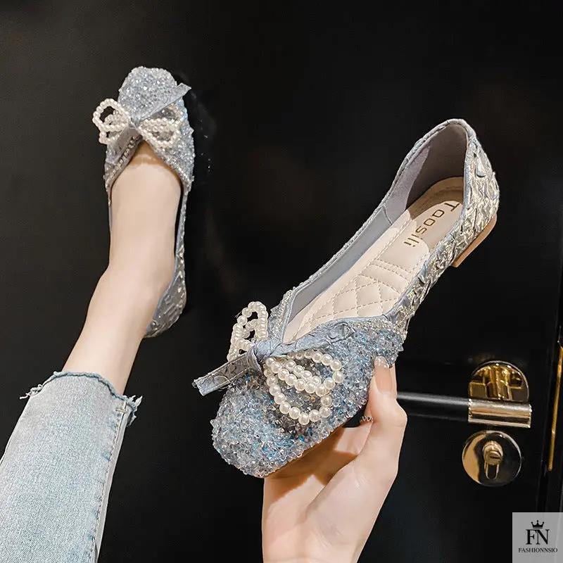 Cinderella Pearl Bow Flats - Fashionnsio