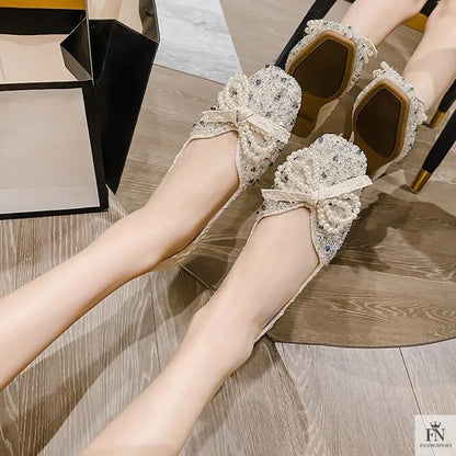 Cinderella Pearl Bow Flats - Fashionnsio