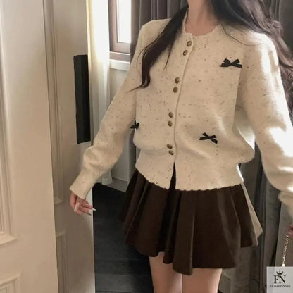 Dotted Button Bow Cardigan Top - Fashionnsio