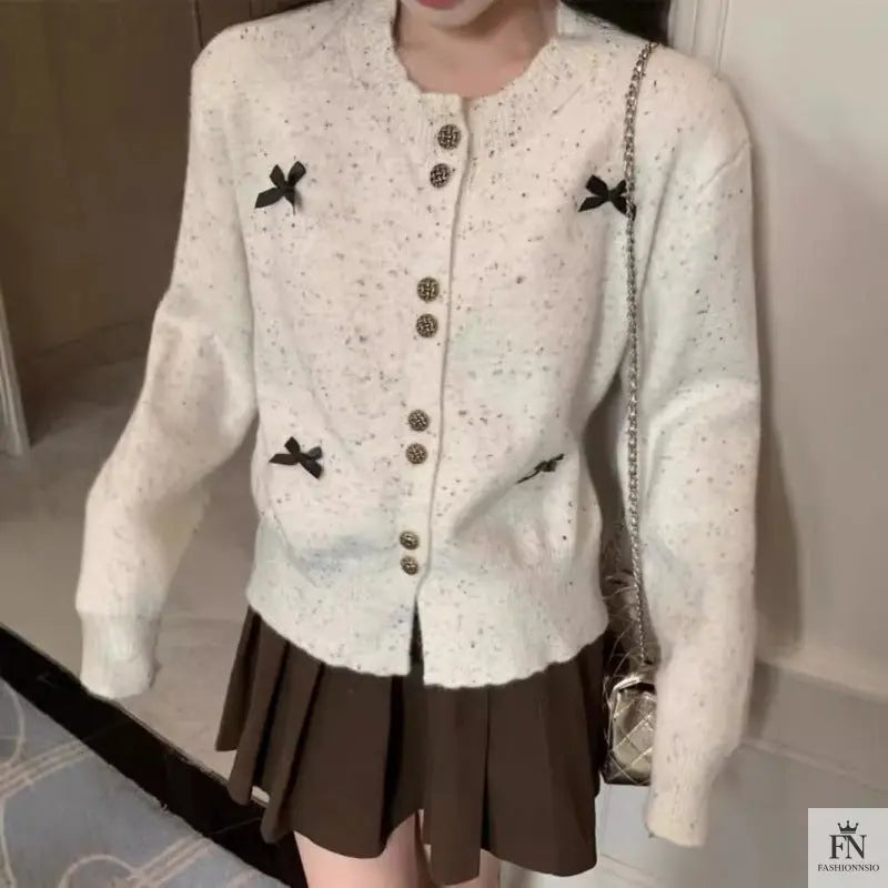 Dotted Button Bow Cardigan Top - Fashionnsio