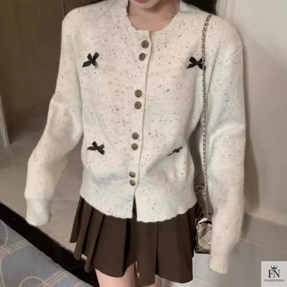 Dotted Button Bow Cardigan Top - Fashionnsio