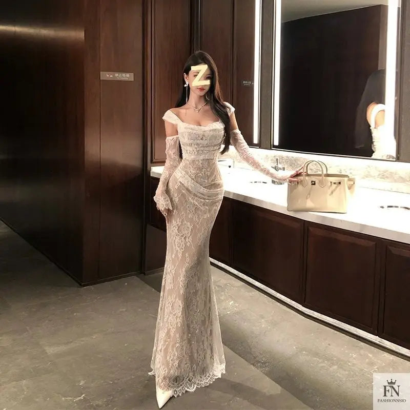 Cold Shoulder Lace Gown Dress - Fashionnsio