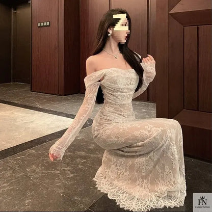 Cold Shoulder Lace Gown Dress - Fashionnsio