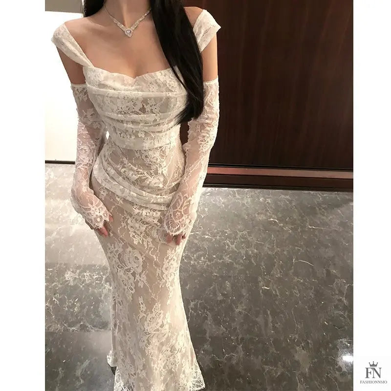 Cold Shoulder Lace Gown Dress - Fashionnsio