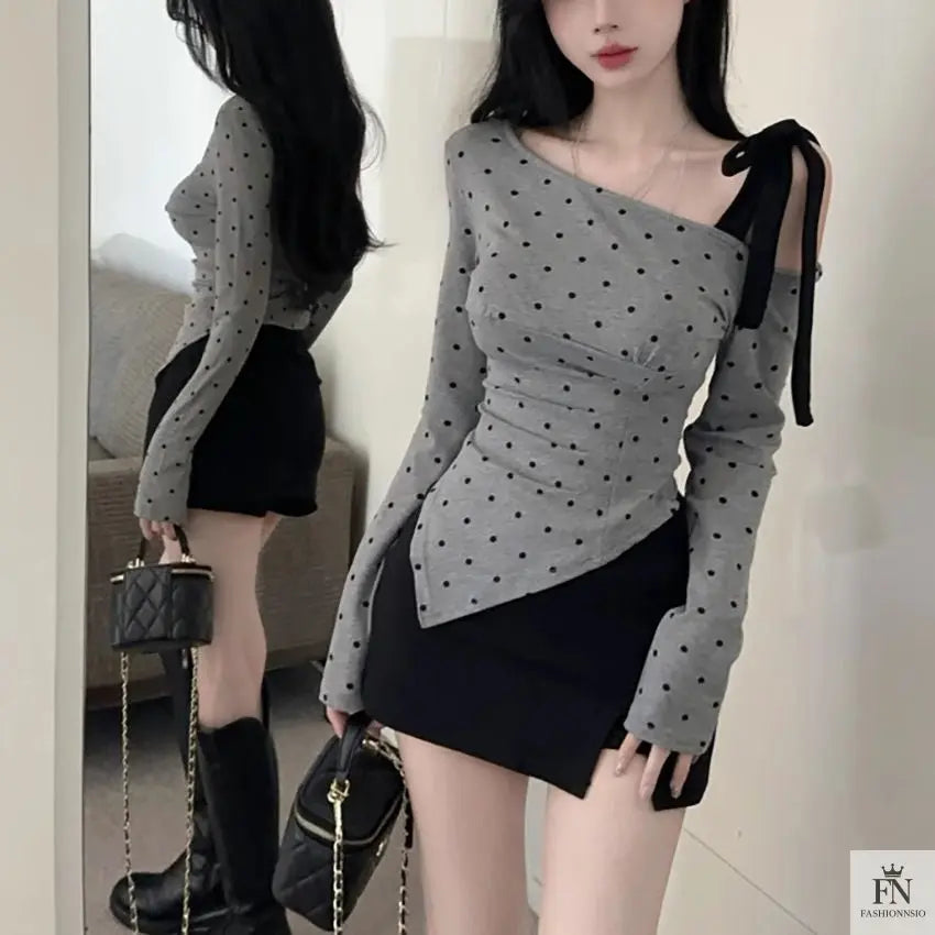 Cold Shoulder Polka Dot Bow Top - Fashionnsio
