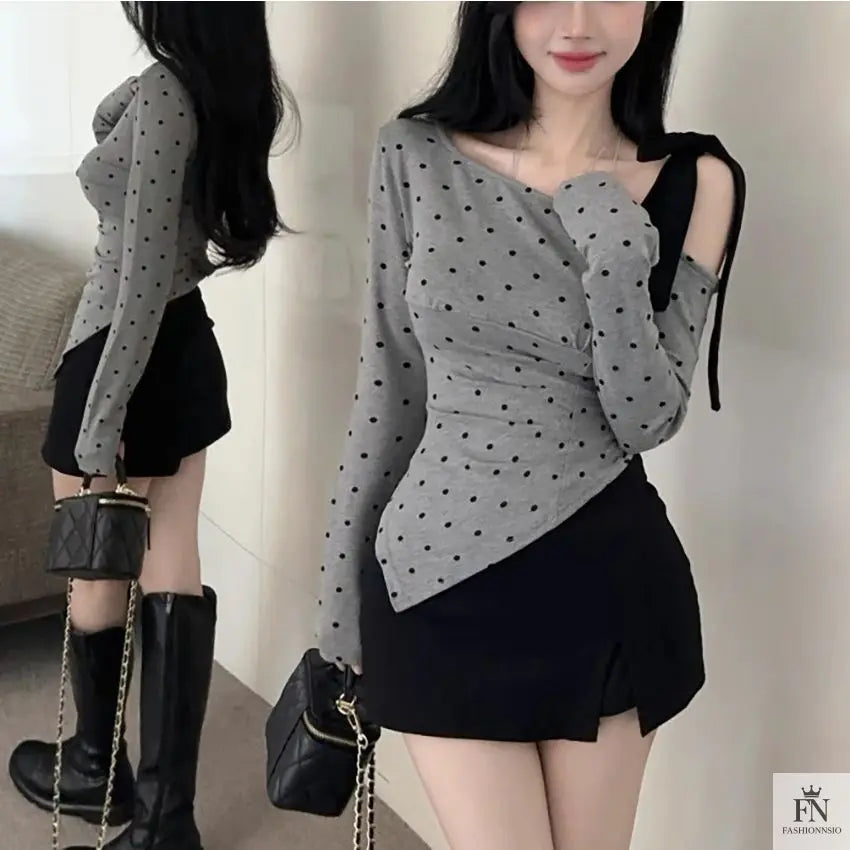 Cold Shoulder Polka Dot Bow Top - Fashionnsio