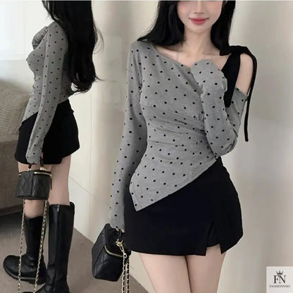 Cold Shoulder Polka Dot Bow Top - Fashionnsio