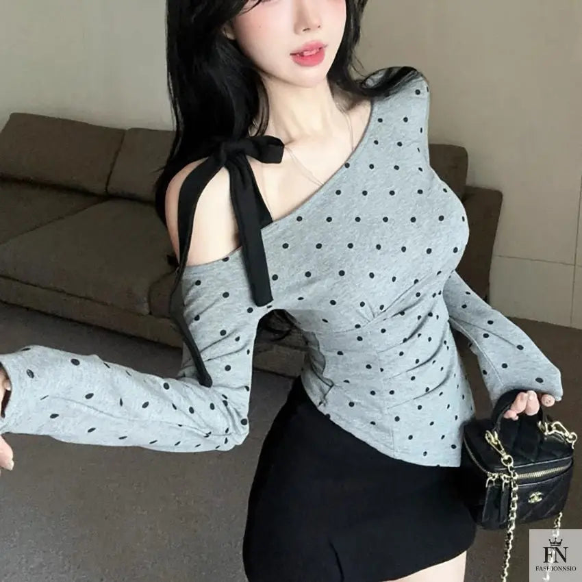 Cold Shoulder Polka Dot Bow Top - Fashionnsio