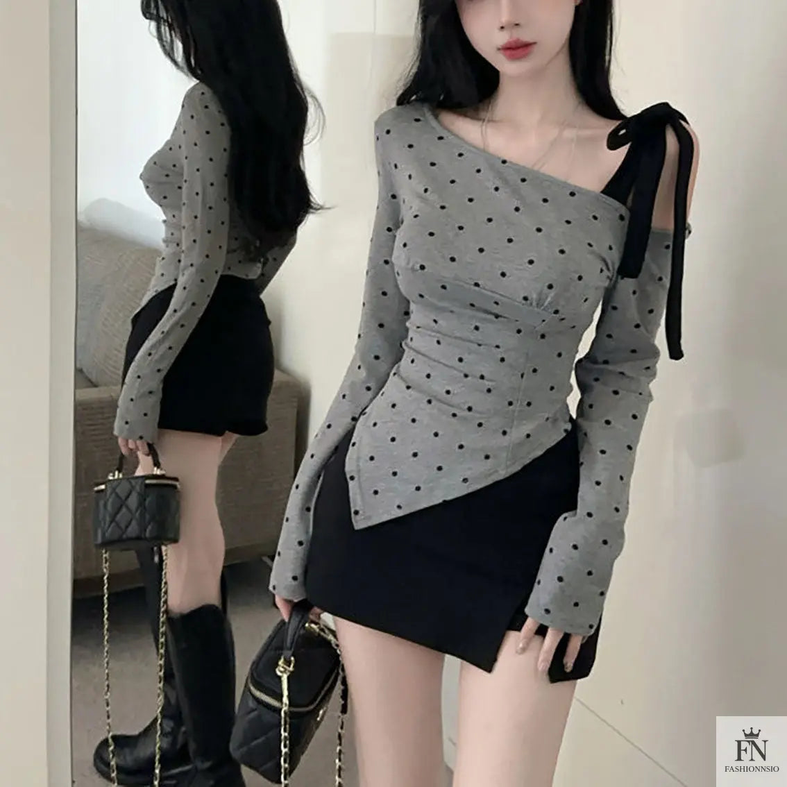 Cold Shoulder Polka Dot Bow Top - Fashionnsio