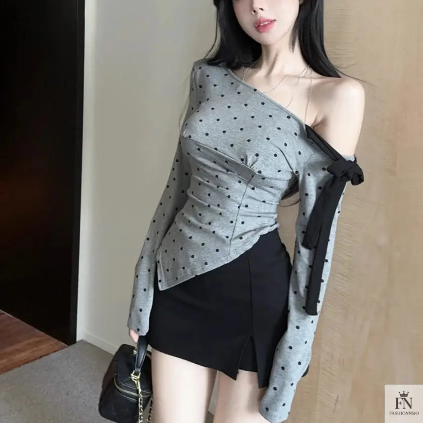 Cold Shoulder Polka Dot Bow Top - Fashionnsio