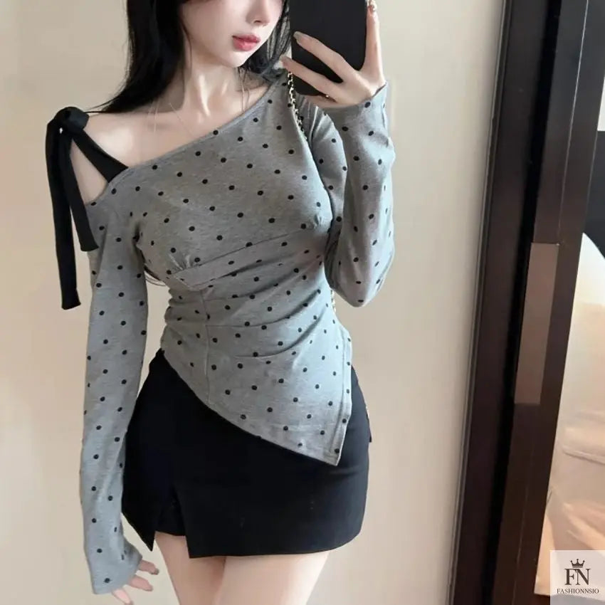 Cold Shoulder Polka Dot Bow Top - Fashionnsio