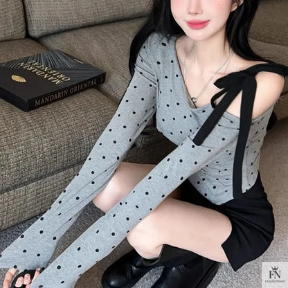 Cold Shoulder Polka Dot Bow Top - Fashionnsio