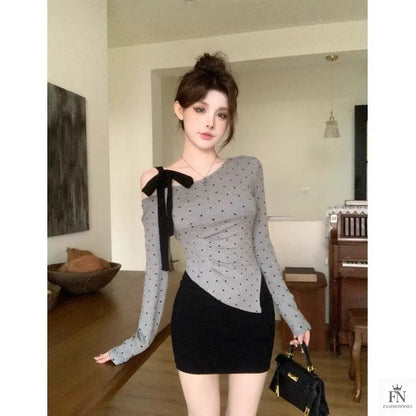 Cold Shoulder Polka Dot Bow Top - Fashionnsio