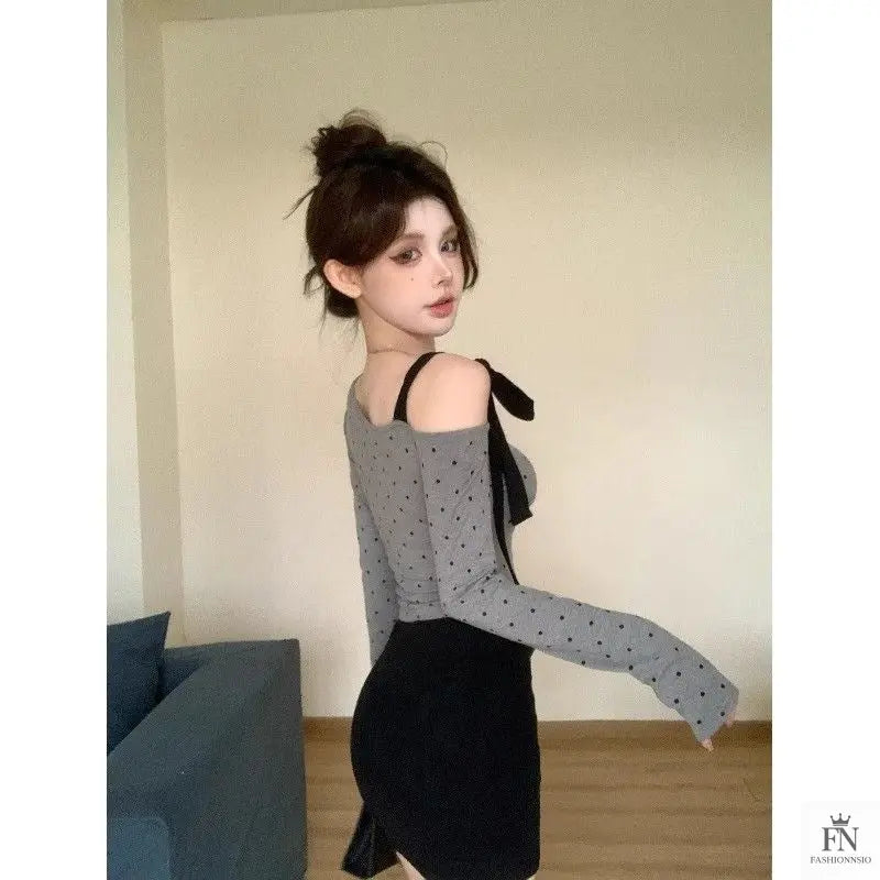 Cold Shoulder Polka Dot Bow Top - Fashionnsio