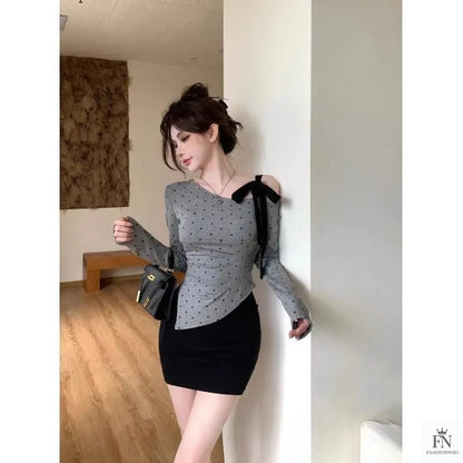 Cold Shoulder Polka Dot Bow Top - Fashionnsio